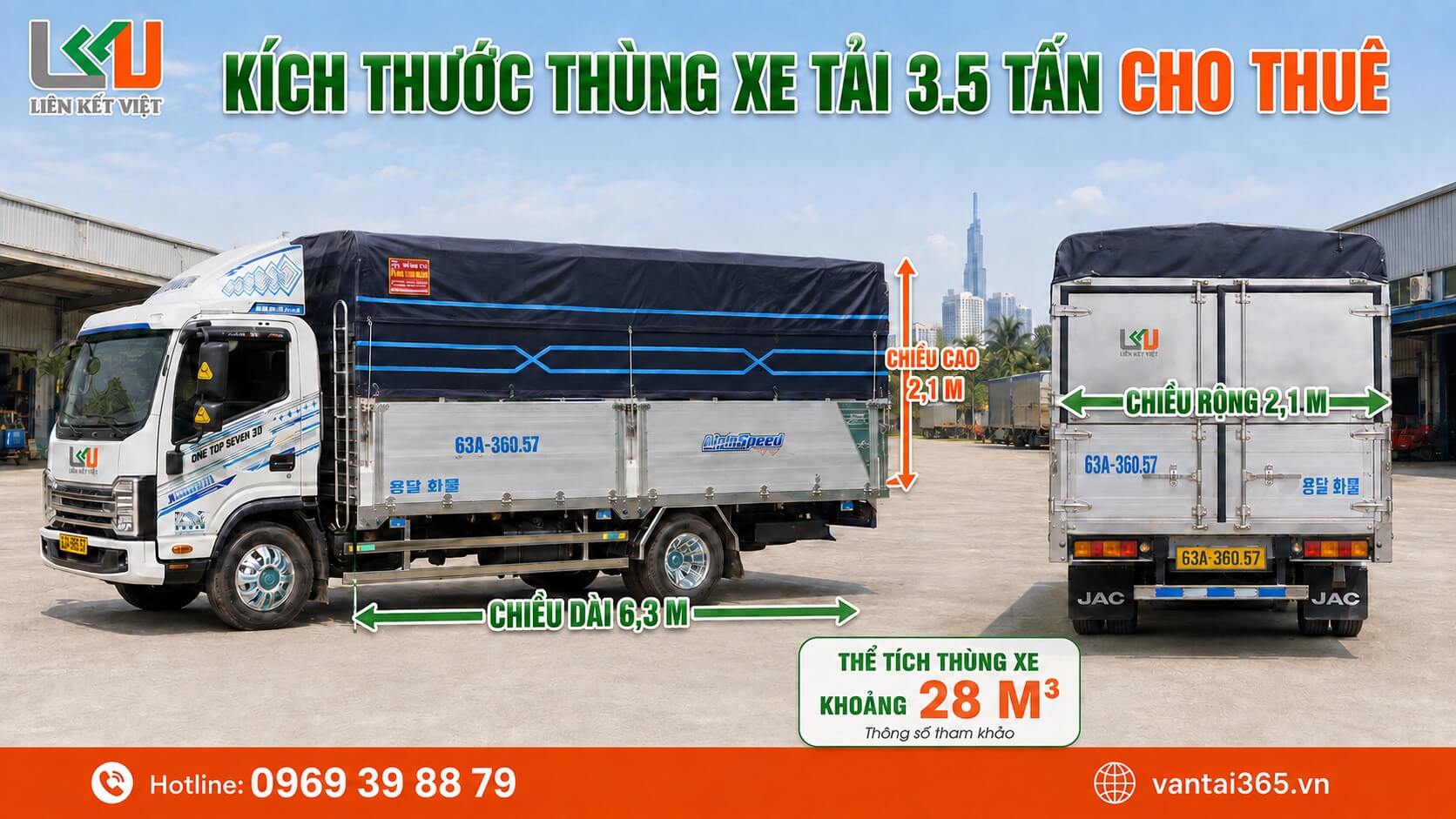 Thông số thùng xe tải 3.5 tấn cần kiểm tra trước khi đặt xe Kích thước thùng xe tải 3.5 tấn tham khảo dài 6,3 m và thể tích khoảng 28 m³