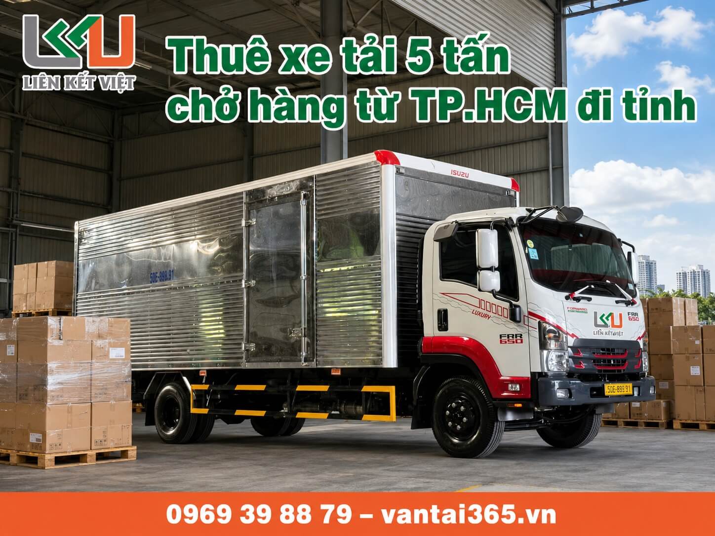 Thuê xe tải 5 tấn có tài xế tại Liên Kết Việt Xe tải 5 tấn của Liên Kết Việt nhận hàng tại kho ở TP.HCM để vận chuyển đi tỉnh