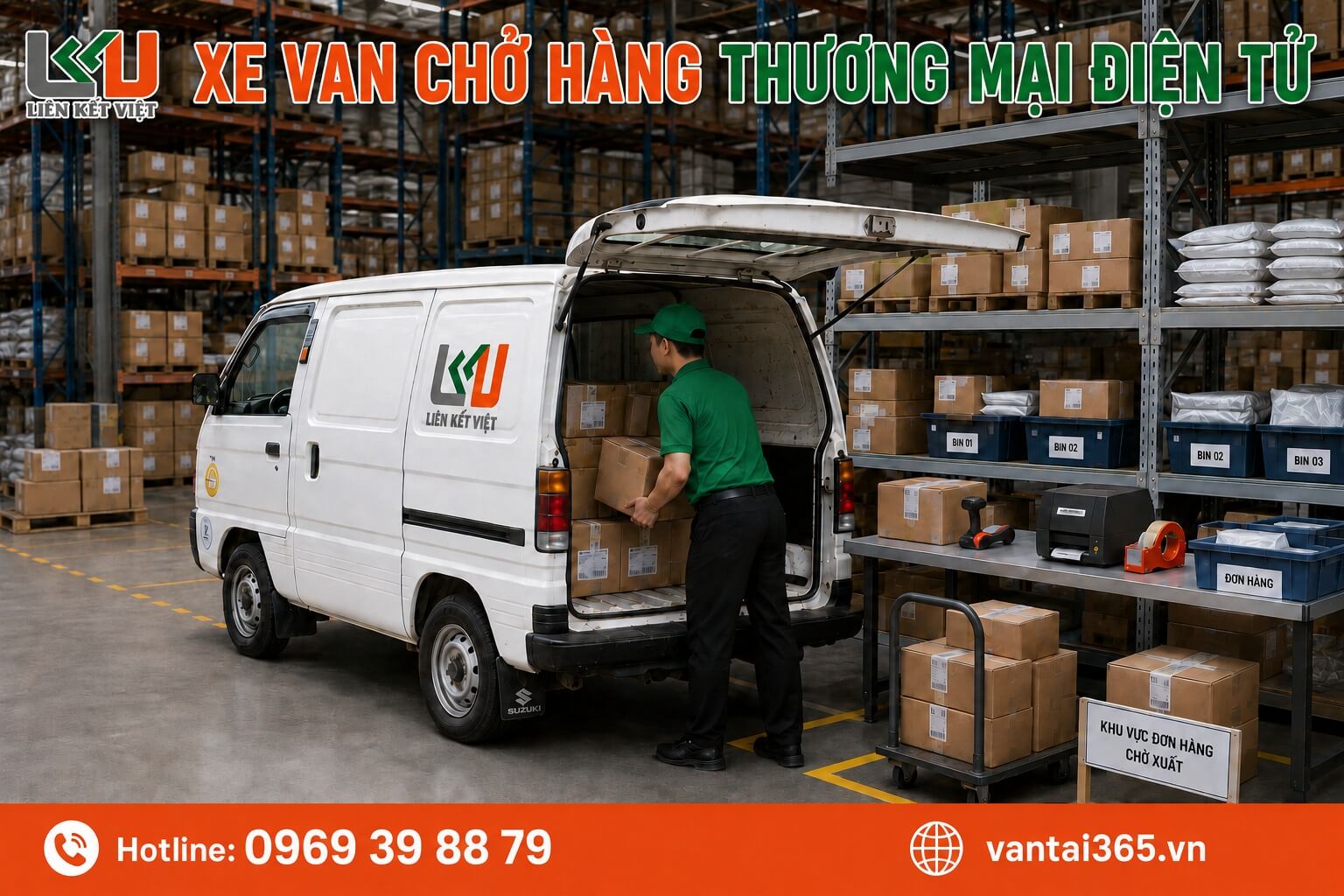 Thuê xe van chở hàng cửa hàng và hàng bán lẻ Tài xế xếp thùng hàng vào xe van tại điểm nhận hàng ở TP.HCM