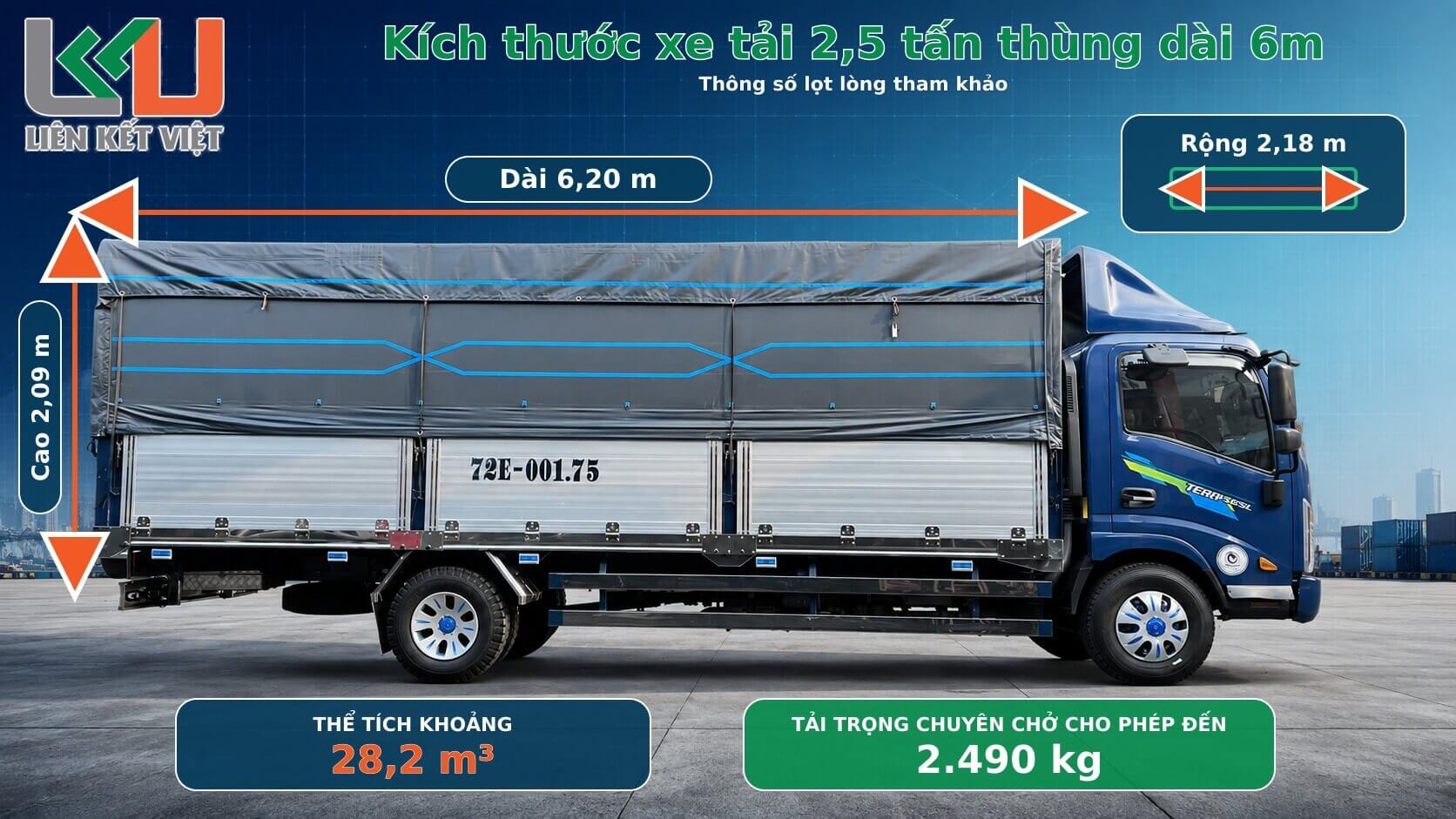Thông số xe tải thùng dài 6m chở hàng Kích thước lọt lòng xe tải thùng 6m tải trọng đến 2,49 tấn tại Liên Kết Việt