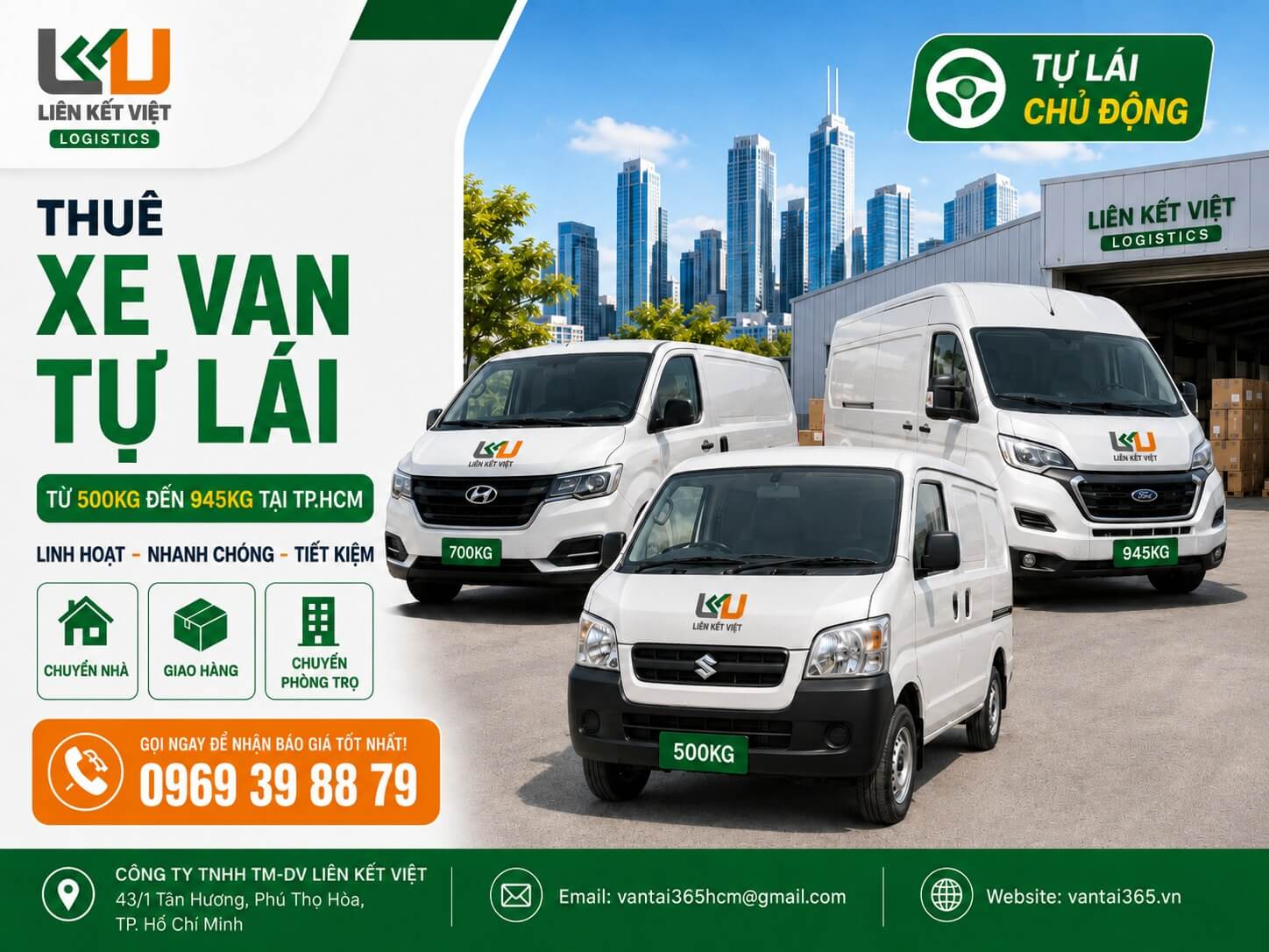 Xe van tự lái linh hoạt cho nhu cầu giao hàng Thuê xe van tự lái từ 500kg đến 945kg tại TP.HCM
